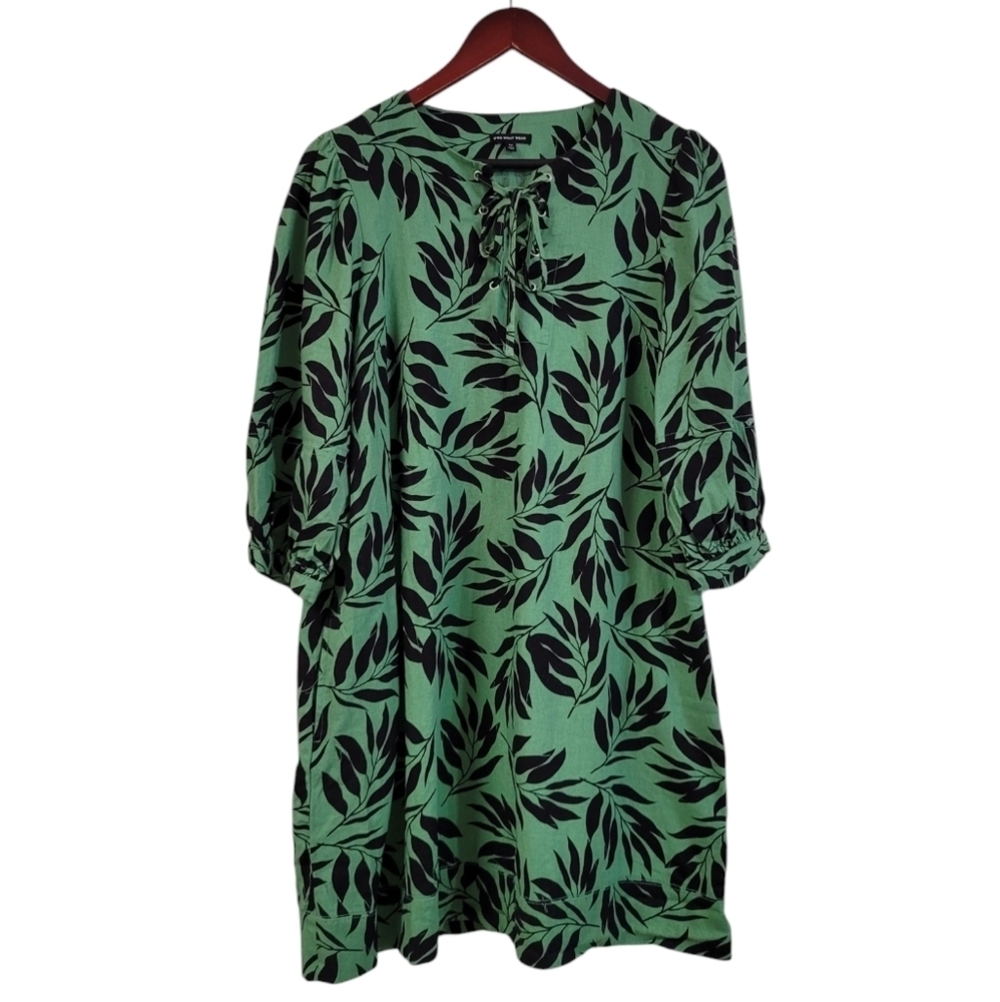 NWOT Who What Wear Green Tropical Linen Blend Mini Dress With Pockets Medium